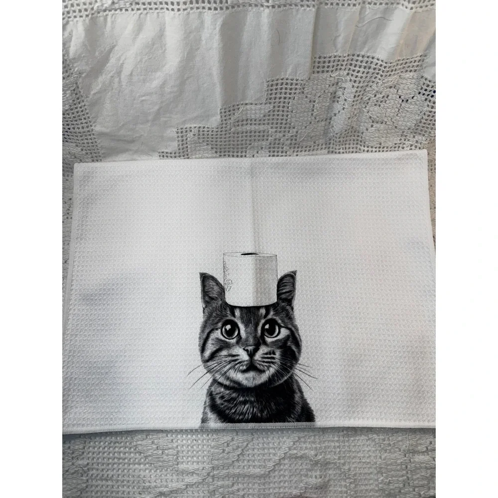 Bathroom Cat Waffle Weave Hand Towel 24x16 White Black Tabby Cat Toilet Paper